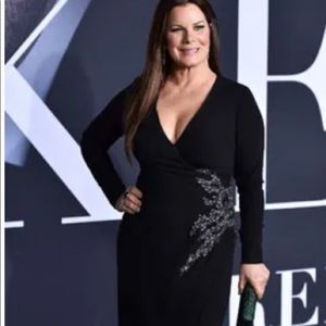 Long-Sleeve Embellished Faux-Wrap Gown.